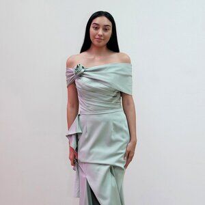 New Bridesmaid Off Shoulder Ruffled Dress w/ Rosette Detail & Leg Slit JT2716C